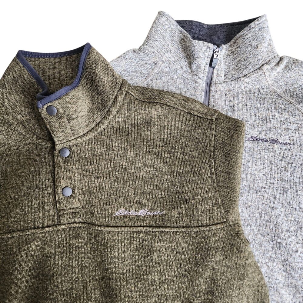 Lot of 2 Eddie Bauer Men's Large Sweater Fleece Pullovers Quarter Snap & 1/4 Zip